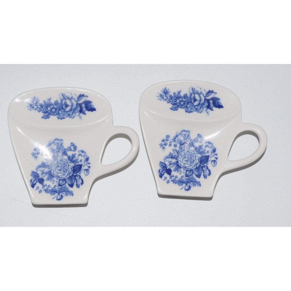 Vintage Spode Blue Italian Tea Bag Holder Set 2 White Blue Good Floral Ceramic
